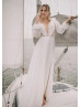 Long Sleeves Ivory Lace Chiffon Slit Wedding Dress